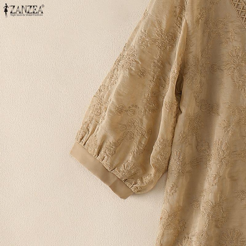 ZANZEA Women Hollow Lace Splice V-Neck Loose Casual 3/4 Sleeve Blouse