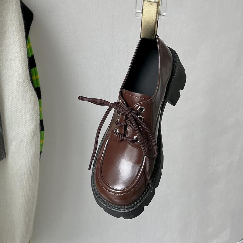 New Fashion Genuine Leather Women Shoes Casual Loafers Round Toe Platform Shoes Shoes Woman Zapatos De Mujer Women Lace -Up