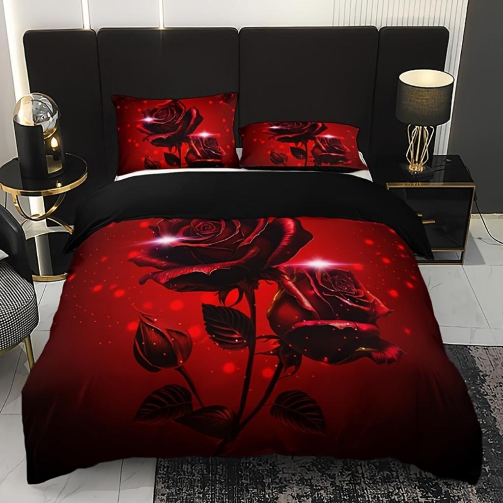 3pcs Red Rose Print Bedding Set Soft Comfortable Duvet Cover King Queen Twin Single Size Bithday Gift for Sister Room Decoration