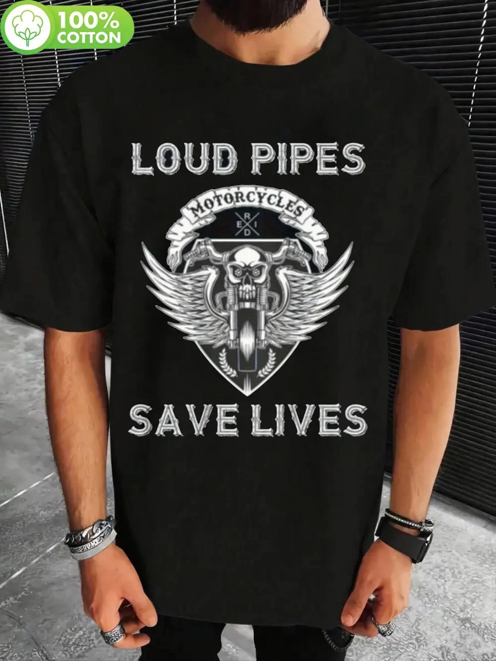 

Loud Pipes Save Lives Motorcycle Graphic T-shirt - Black 100% Cotton Crew Neck Tee with Skull & Wings Design M