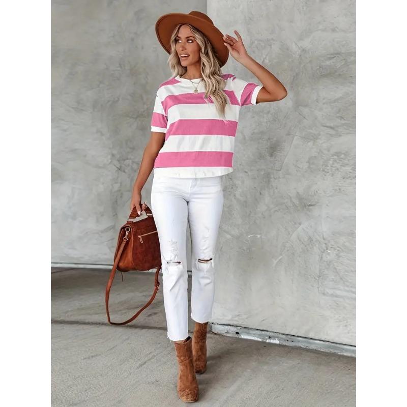 Short Sleeve Striped T-Shirt, Crew Neck Casual Top For Summer & Spring, Women's Clothing