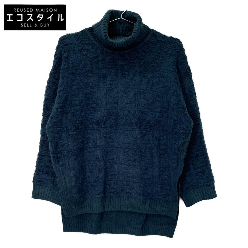Fendi FZY874 A9WF Dark Green Mohair Blend Zucca Pattern Side Slit Turtleneck Knit Pullover Tops 36 greenUsed