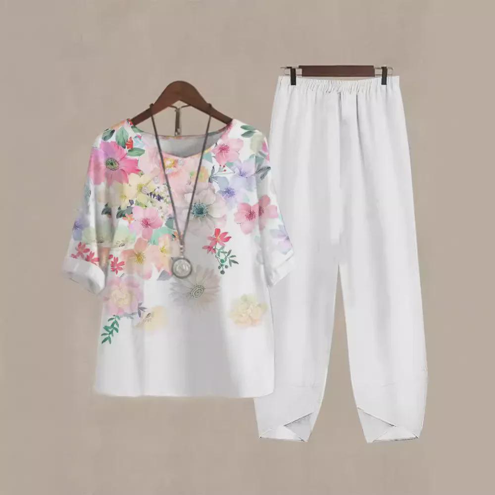 2023 Women's Casual Round Neck Five-Sleeve Top & Digital Print Two-Piece Set