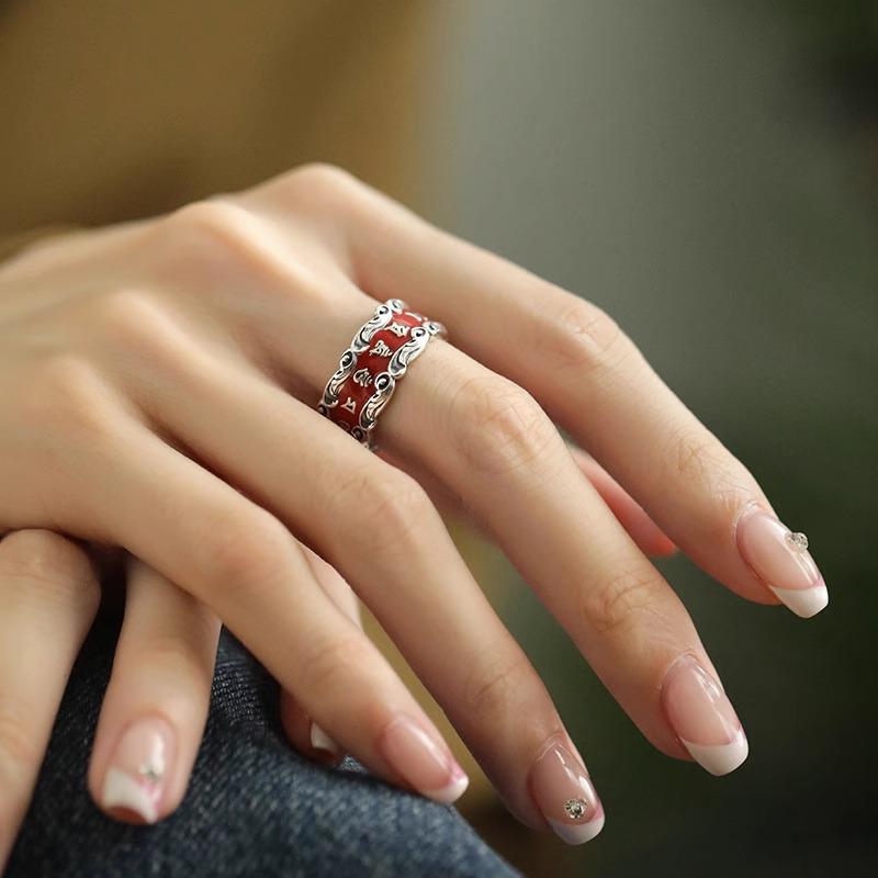 S925 Silver Cinnabar Heart Sutra Adjustable Ring – Women s Ethnic Style Adjustable
