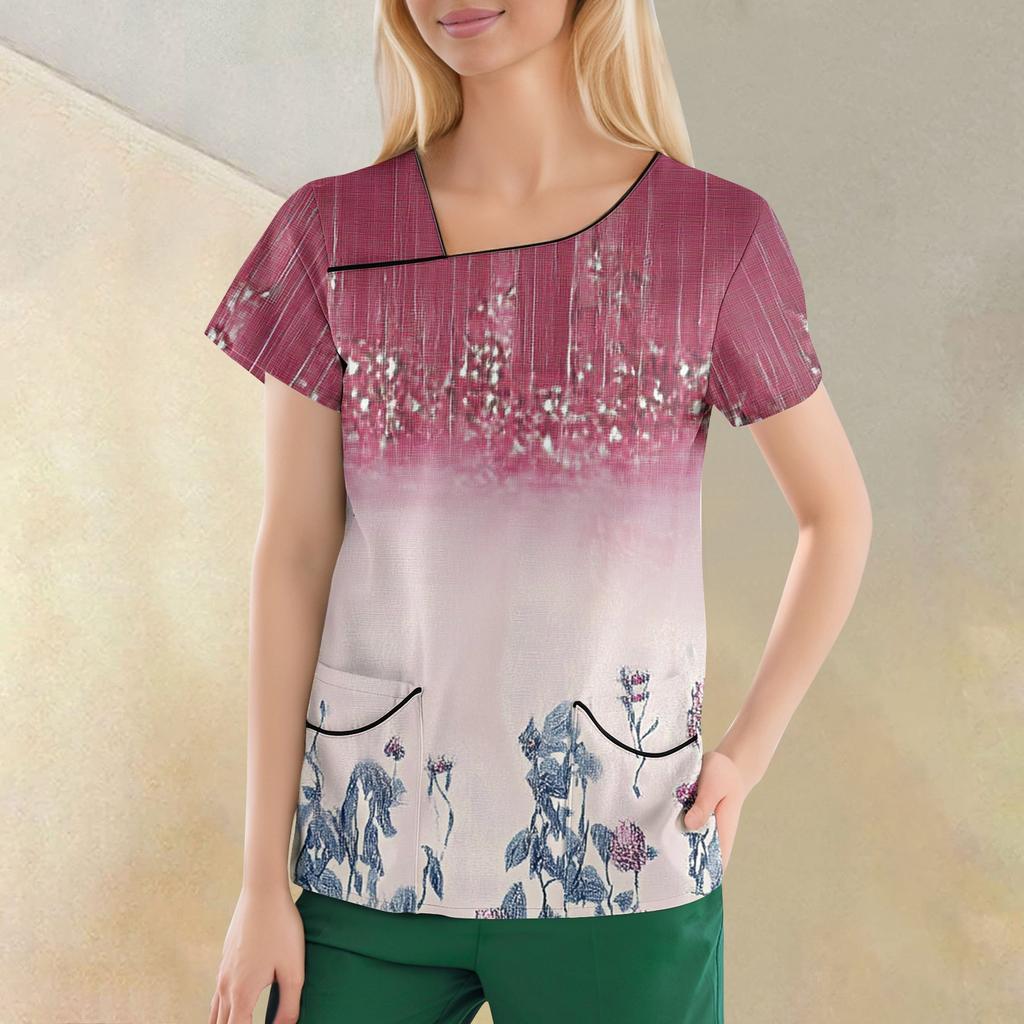 Women's Casual  Print Short Sleeve Sloping Collar Workwear Top With Double Pockets