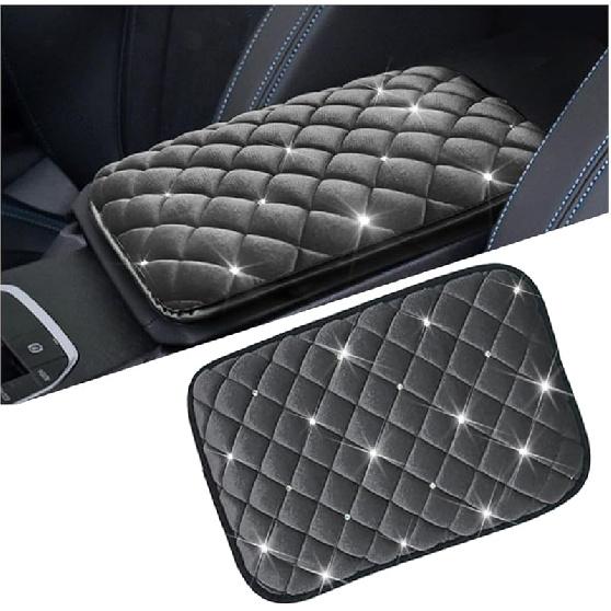 Mandark Bling Car Center Console Cover, Crystal Rhinestone Fluffy Automotive Armrest Seat Box Cushion Pad, Soft Comfortable Diamond Arm Rest
