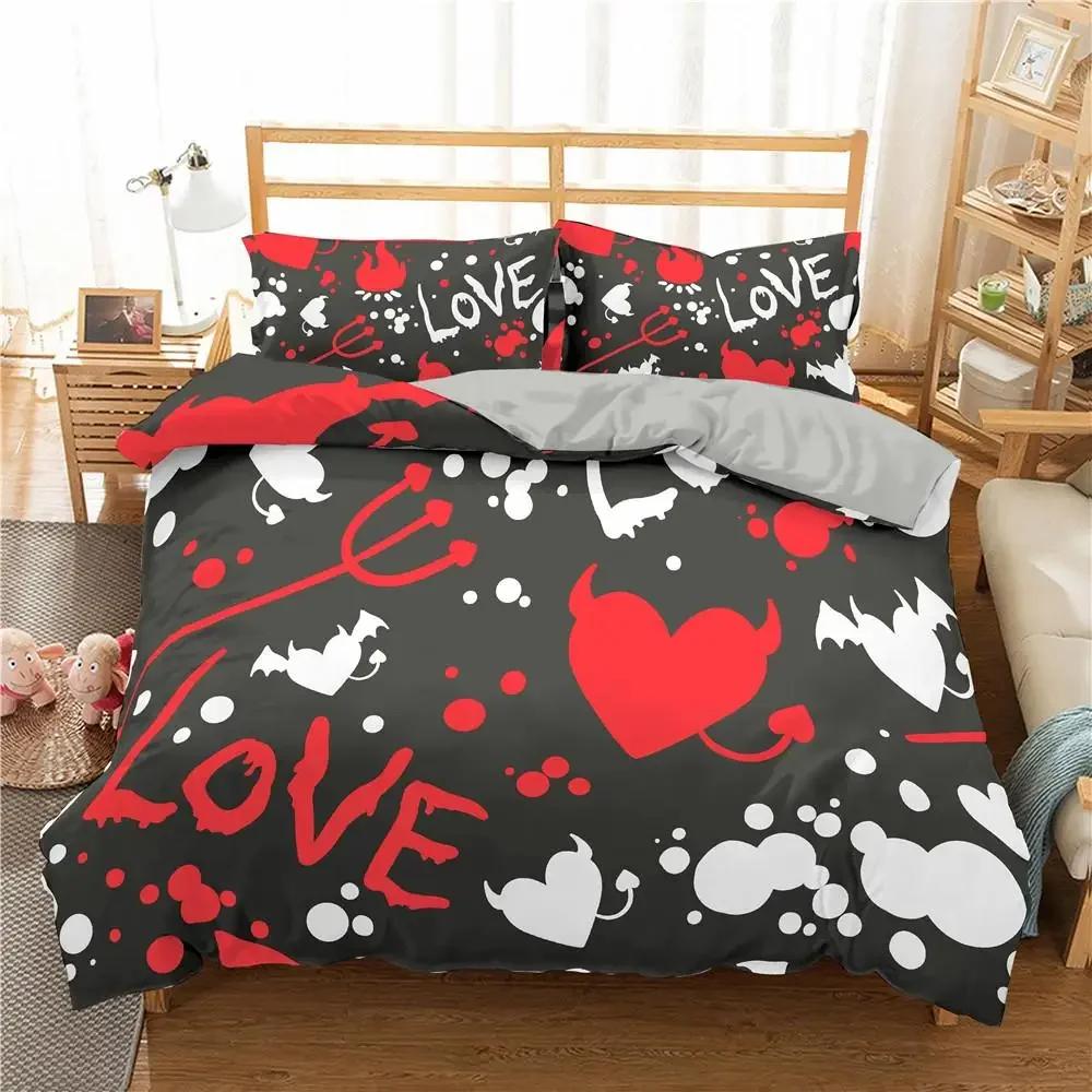 Liebesherz Bettbezug Set King Size Schwarz Rot Herz Punkt Twin Bettdeckenbezug Pfeil der Liebe Polyester Bettwäscheset für Teenager Paare