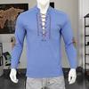 Men's  Shirts Long Sleeved Lace Up V Neck Casual Blouse Spring Summer Thin Front Tees Tops Breathable Men Clothing