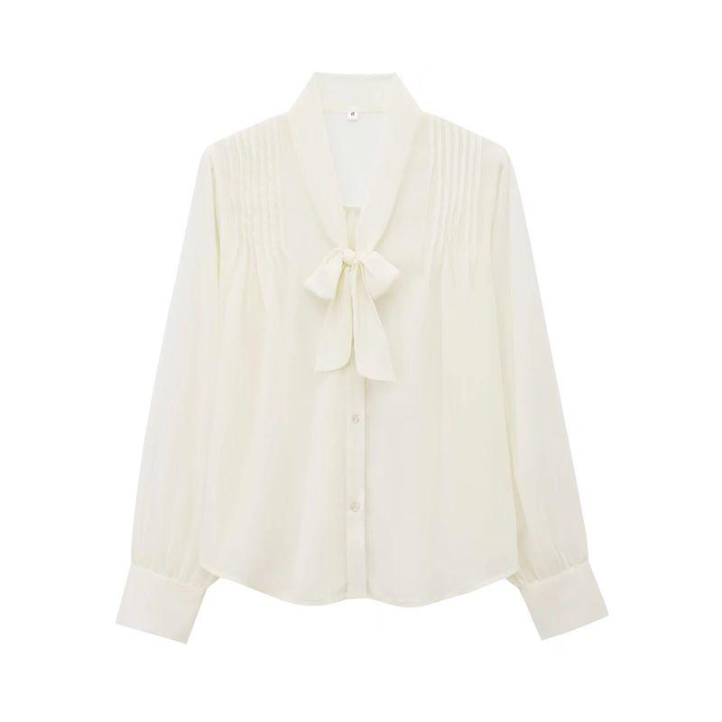 Kaslead New Arrival Women's Fashion Style Stylish Simple and Versatile Wrinkle V Neck Bows Translucent Shirt
