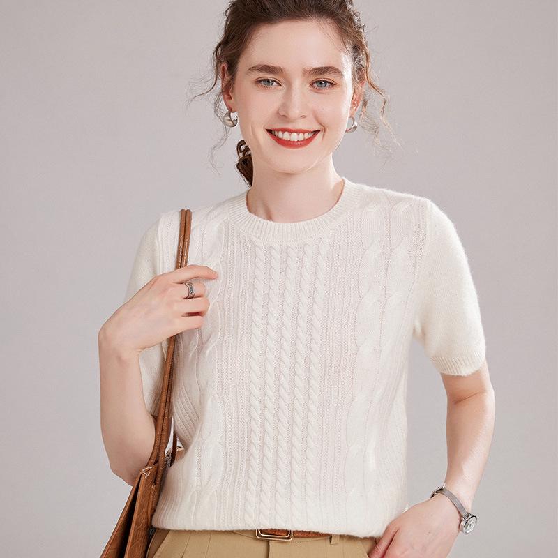 Women's Cashmere Round Neck Cable Knit Short Sleeve Loose Sweater for Autumn/Winter