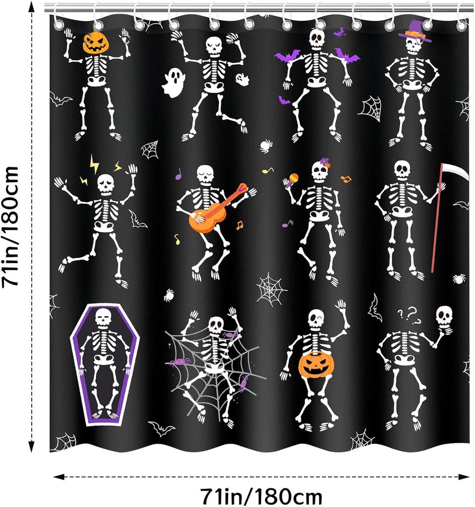 Halloween Shower Curtain - Funny Shower Curtain With Black Skul Skeleton, Machine Washable Waterproof Fabric For Bathroom Deco