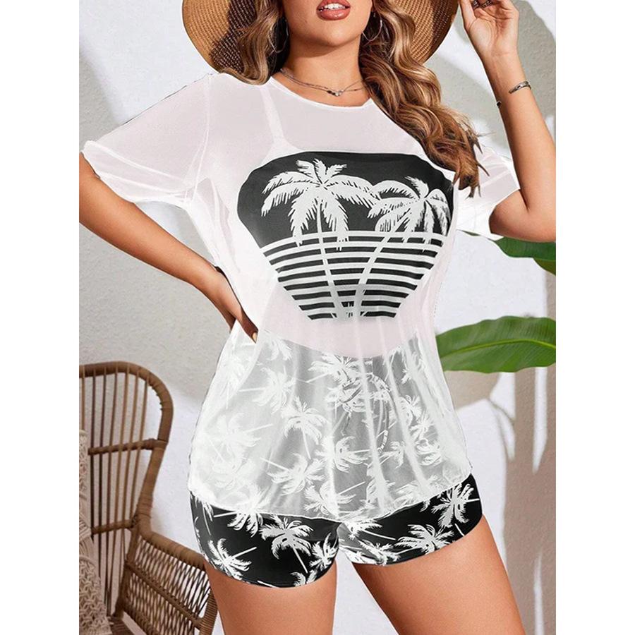 Neuer hochtaillierter Boxershorts Netzbluse Dreiteiler Kokospalmenmuster Schlanker Damenbadeanzug