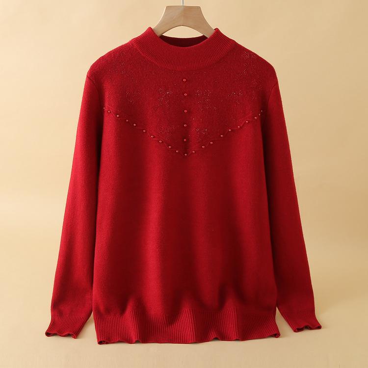 Middle-aged and Elderly Sweater Female Mother Wears Half Turtle Neck Fashionable Middle-aged Woman Autumn and Winter Fashionable Knitted Base Shirt