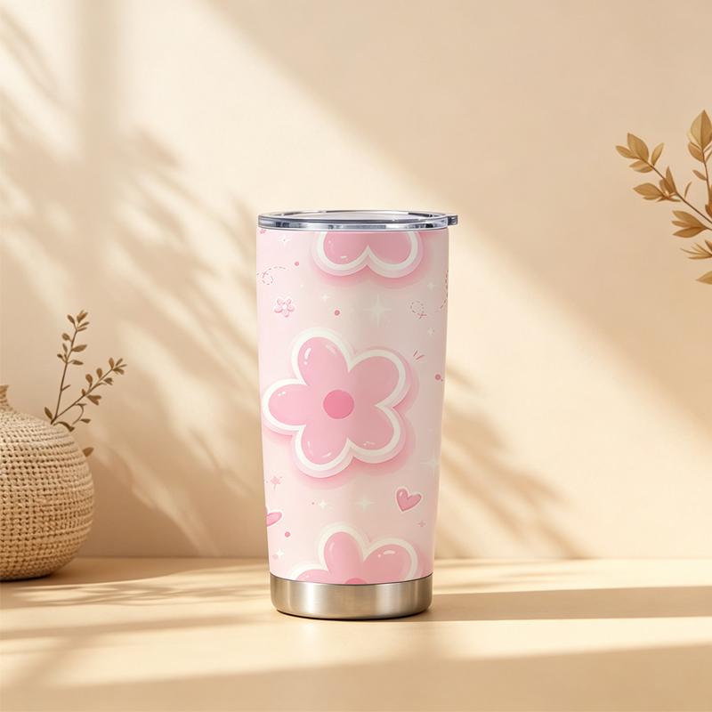 Car Tumbler 591ml Flower Heart Element Straw Cup Tumbler With Lid Portable Tumbler Stainless Steel Tumbler Leakproof Tumbler