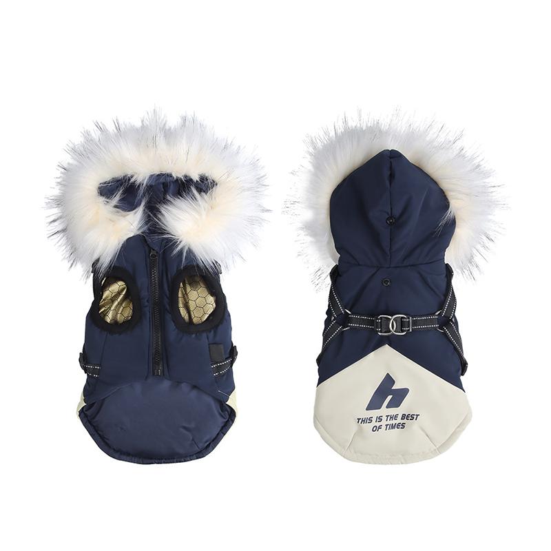 Autumn Winter Dog Down Cotton Jacket With Hooded Fur Collar Four Leg Protection Dog Windproof High Neck Jacket Dog Clothes