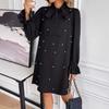 Spring Women's Bow Tie Beaded Long Sleeve Solid Colour Dresses
