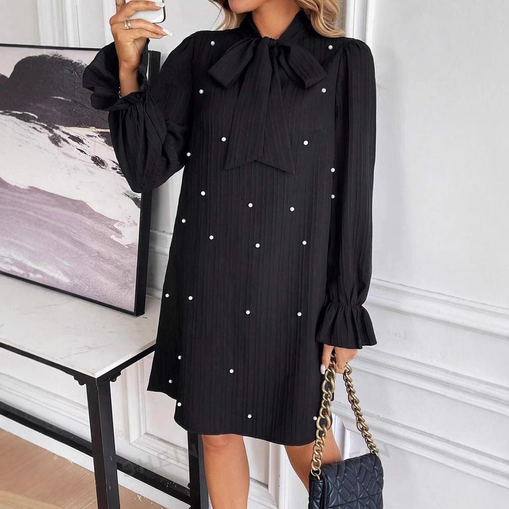 Spring Women's Bow Tie Beaded Long Sleeve Solid Colour Dresses