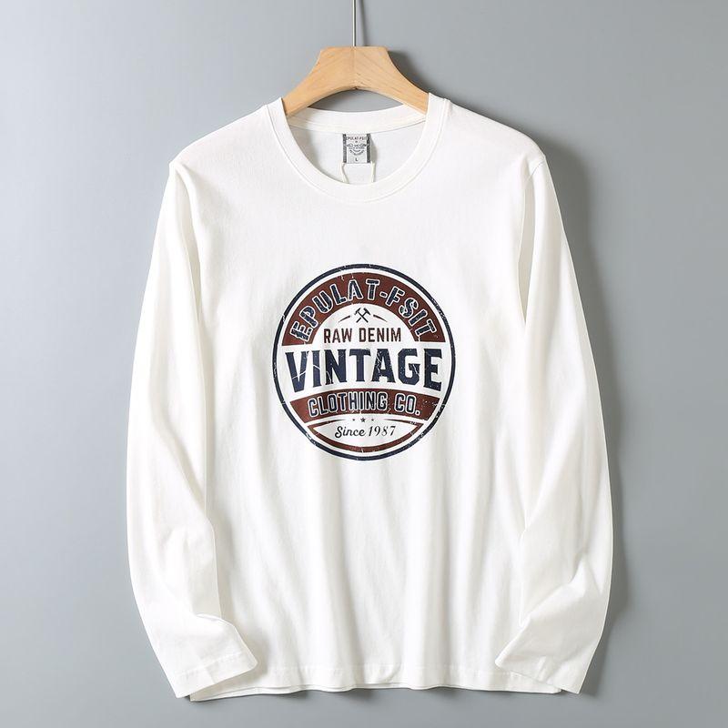 American Retro Printed Pure Cotton Washed Brushed Round Neck Long-Sleeve T-Shirt for Men, Autumn Export Export Product, Inner Layer Base Shirt