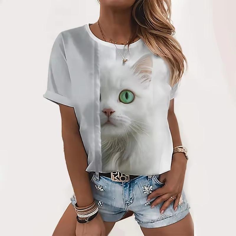 Dámské tričko s kulatým výstřihem Letní ležérní móda Top s krátkým rukávem 3D potisk kočky Zvířecí vzor Velká velikost Dámské oblečení