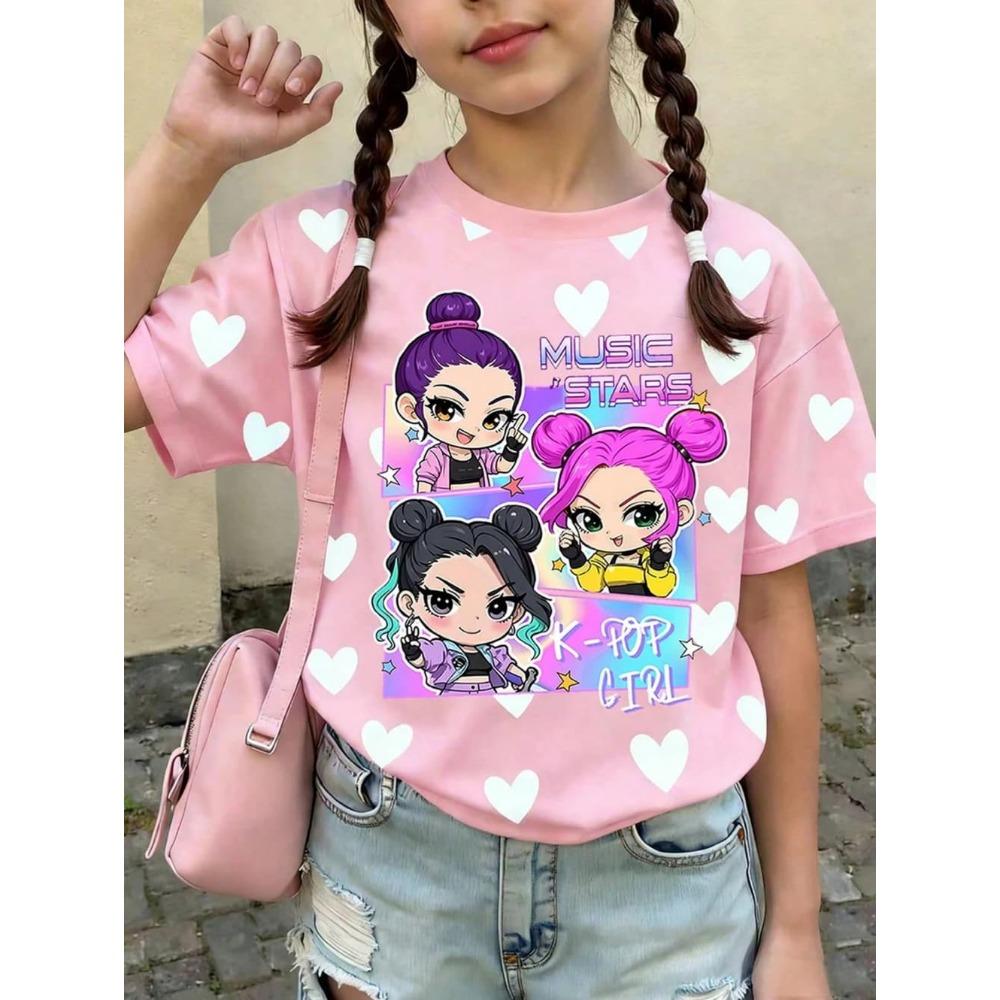Kpop Cartoon Graphic Girls T-Shirt Casual Round-Neck T-Shirt Suitable for Girls Kids Gift Short Sleeve Tops Children's Clothing