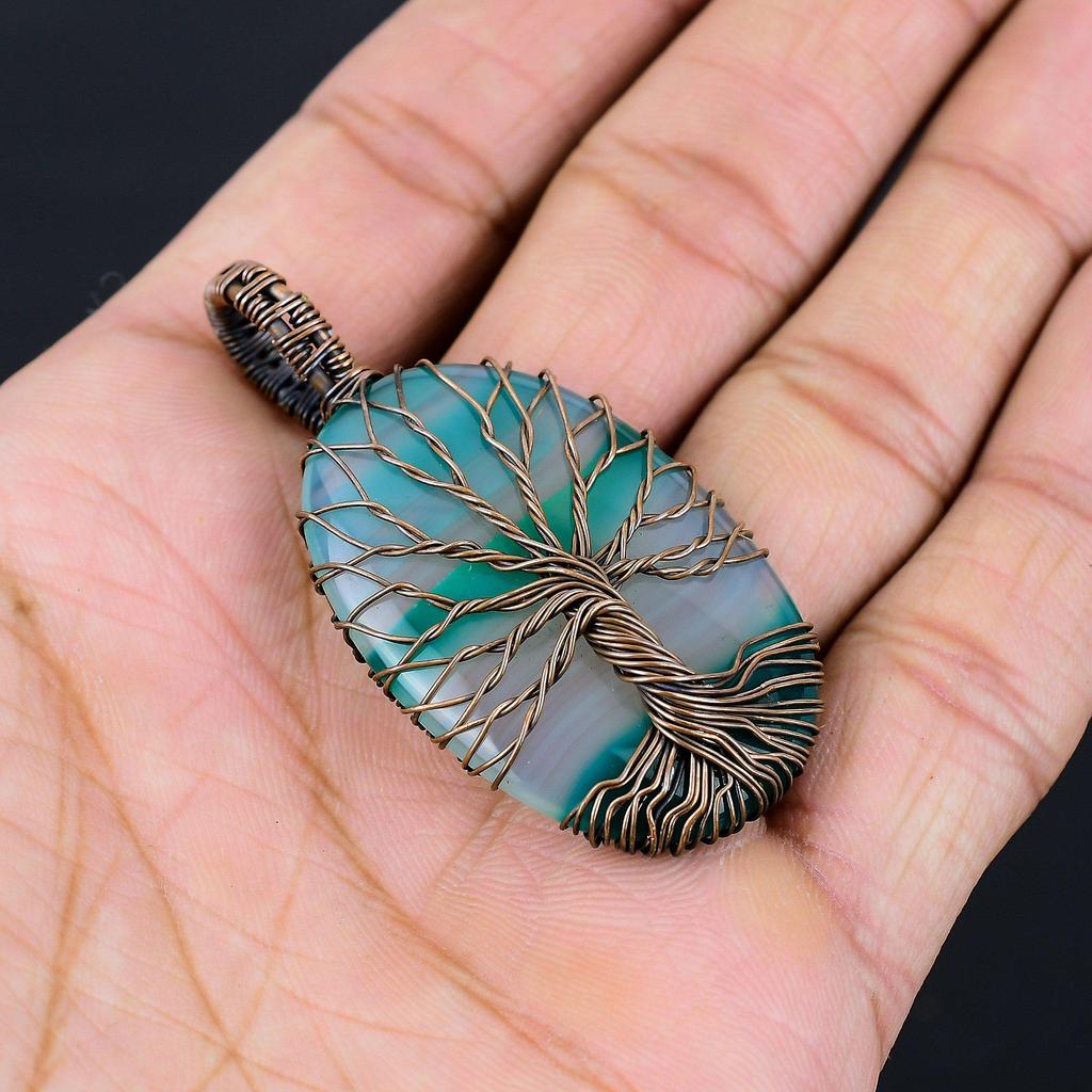 Tree Of Life Banded Agate Gemstone Pure Copper Wire Wrapped Handmade Pendant Jewelry For Her