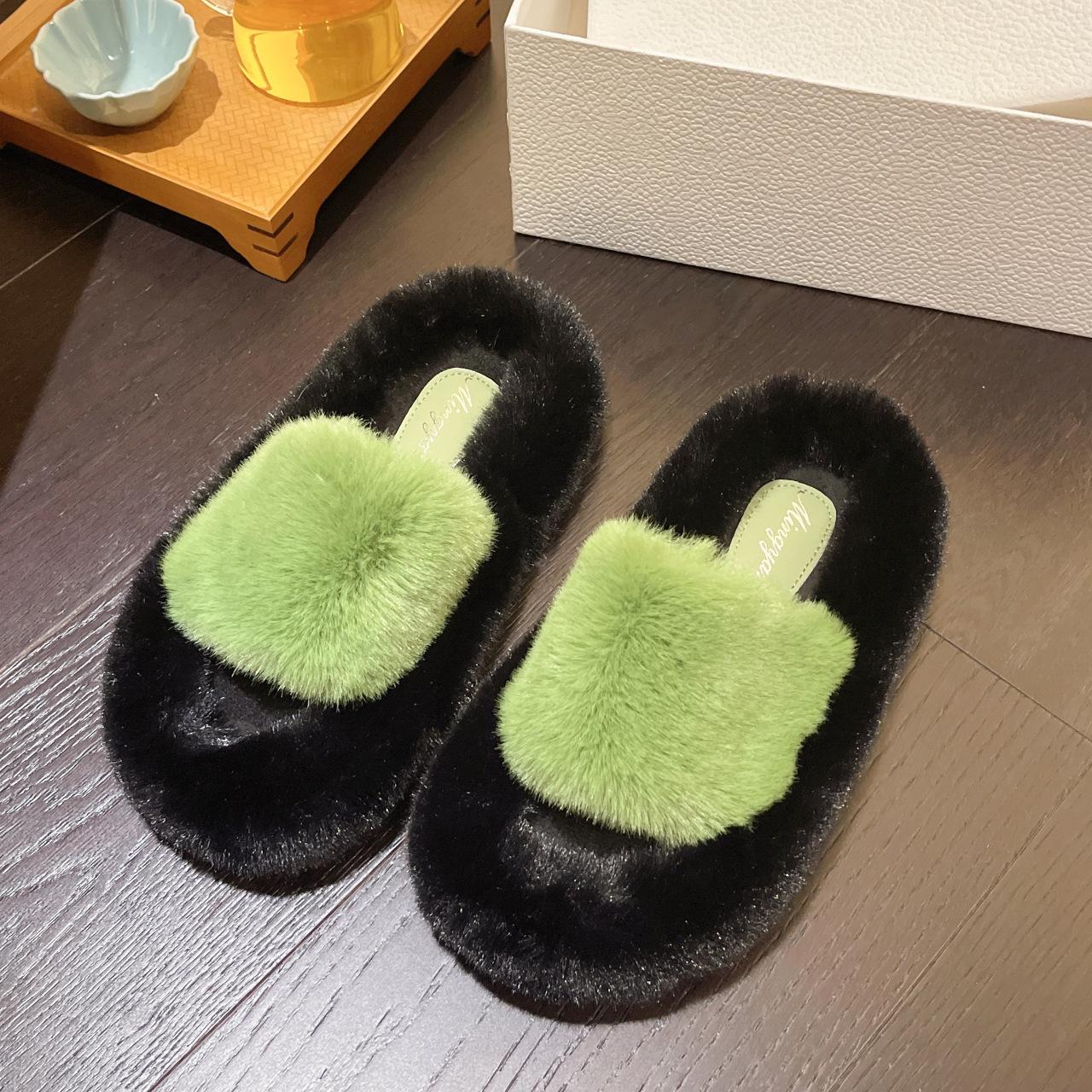 

Large size fluffy slippers women wear in winter, new high-end thick-bottomed plush cotton drag autumn and winter 42 зелений