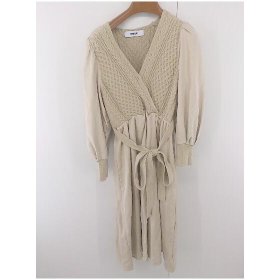 DHOLIC Switching Long Sleeve Below Knee Length Dress Beige Women s E [Used]