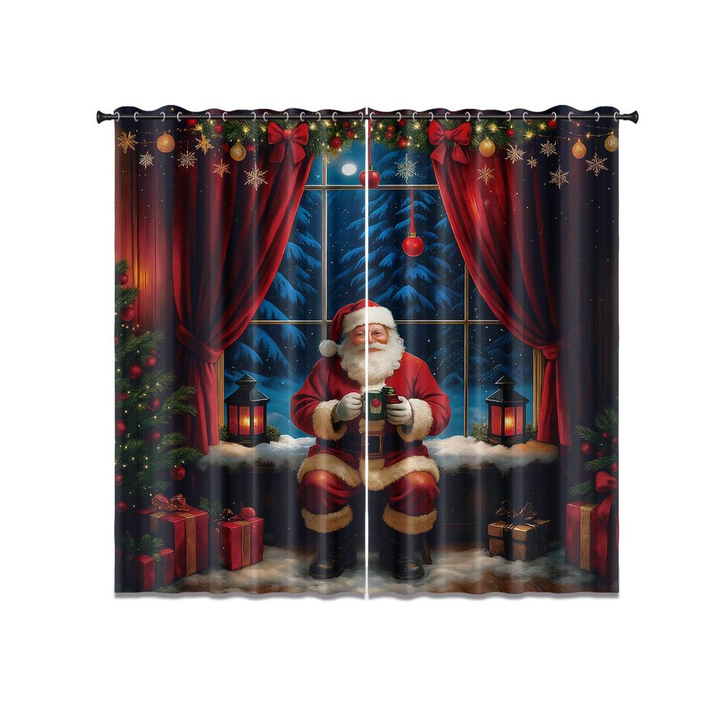 2pcs Merry Christmas   Santa Claus print   perforated blackout curtains   multi size living room insulation   holiday decoration