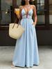 Europe, America 2026 Summer Striped Deep V Neck Dress Holiday Wind Backless Waist Thin Dress