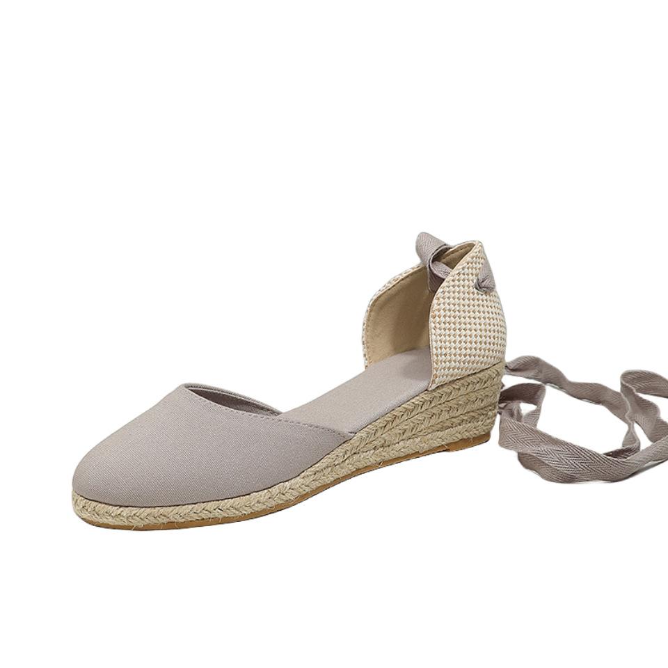 2025 neue Stroh-Sandalen mit hohen Absätzen Sommer Riemchen hohe Absätze Hanfsohle Schuhe zum Schnüren Hanfseil Keilabsatzschuhe