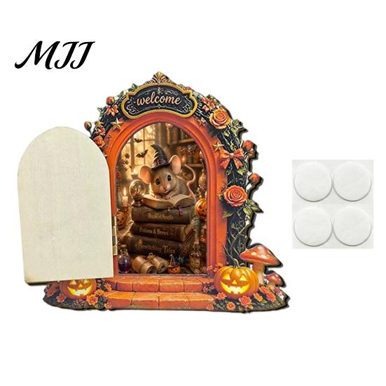 Unique Halloween Shelf Decor Mouse Hole Wall Decoration, Retro Arched Fairy Door with Pumpkin Cute Room Accessories & Flower Decor, Miniature Openable