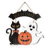Cartello Decorativo in Legno di Halloween con Gatto Nero, Zucca e Fantasma - Design "Benvenuti" per Appendere alla Porta