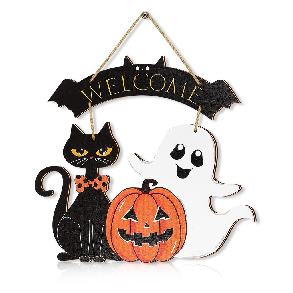 Cartello Decorativo in Legno di Halloween con Gatto Nero, Zucca e Fantasma - Design "Benvenuti" per Appendere alla Porta