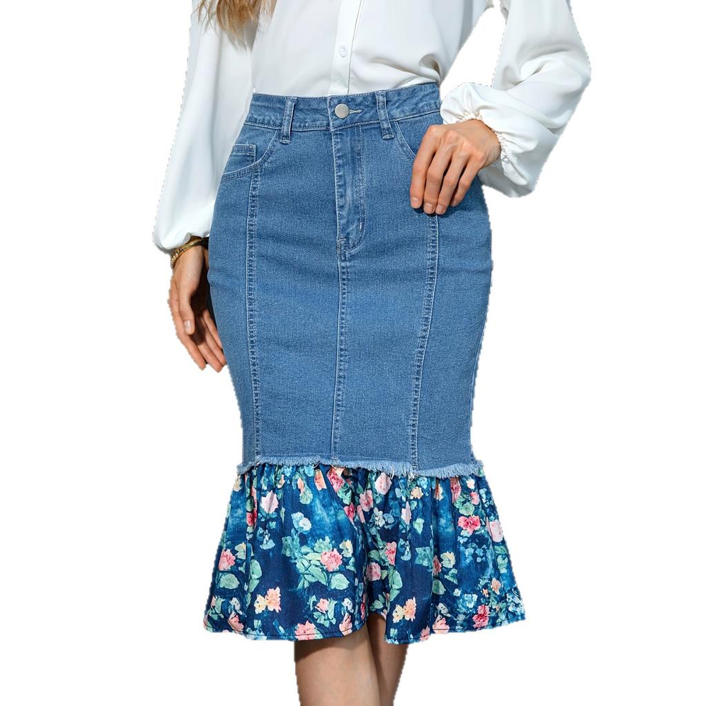 Women's Denim Skirts High Waist Casual Ruffled Knee Length Jean Skirt With Pockets Midi Denim Skirts Stretch Bodycon Fishtail Jean Skirt for Women