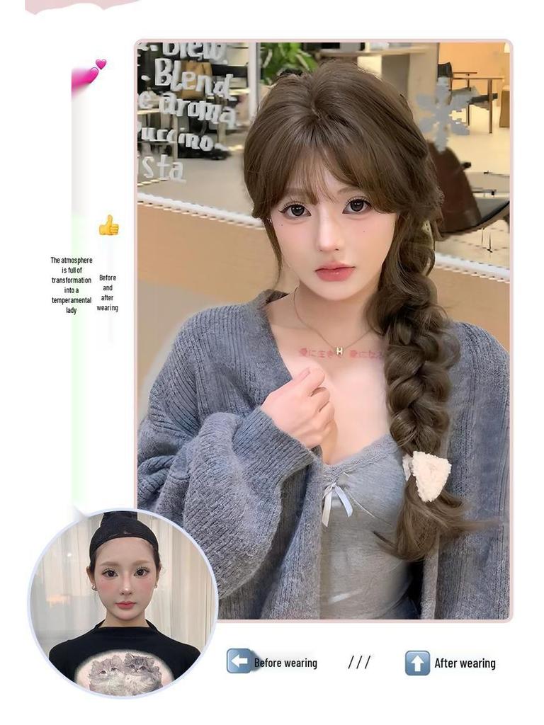 Net Sensation Tea Tea Wig: Brightening Milk Tea Gray-Brown, Korean Style with Big Waves, Elegant Face-Slimming, Realistic Full Head for Women