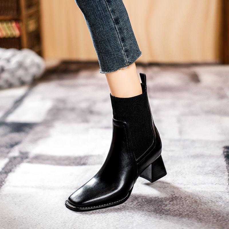 Thick Heel Square Head Short Boots Women's High Heel Socks Boots Knitted Elastic Boots 2025 New Women's Boots Medium Heel Spring and Autumn Single 