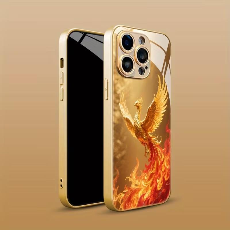 Golden Phoenix Flame Vintage Pattern Tempered Glass Phone Case For Samsung Galaxy S25 Ultra S24 S23 Plus S25 FE S23Ultra Cover