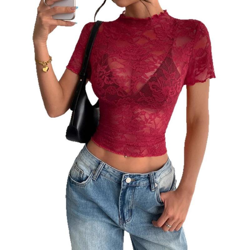 A New Spring and Summer Semi-high Neck Lace and Black Ear-edge Thin Sexy Slimming Top