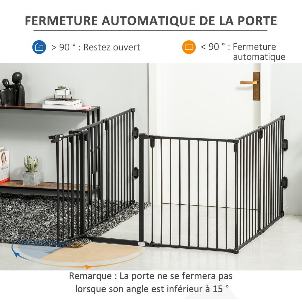 Safety Barrier Fireplace Protection Barrier Playpen Dog Enclosure Foldable Modular 6 Panels with Door No Drilling 362.5 X 76 Cm Black