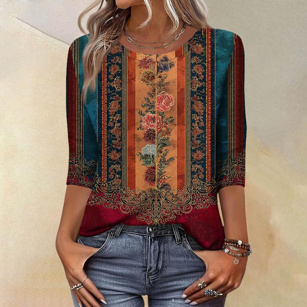 Módní vintage top s 3/4 rukávem pro ženy, dámská ležérní halenka s tříčtvrtečním rukávem a kulatým výstřihem s potiskem