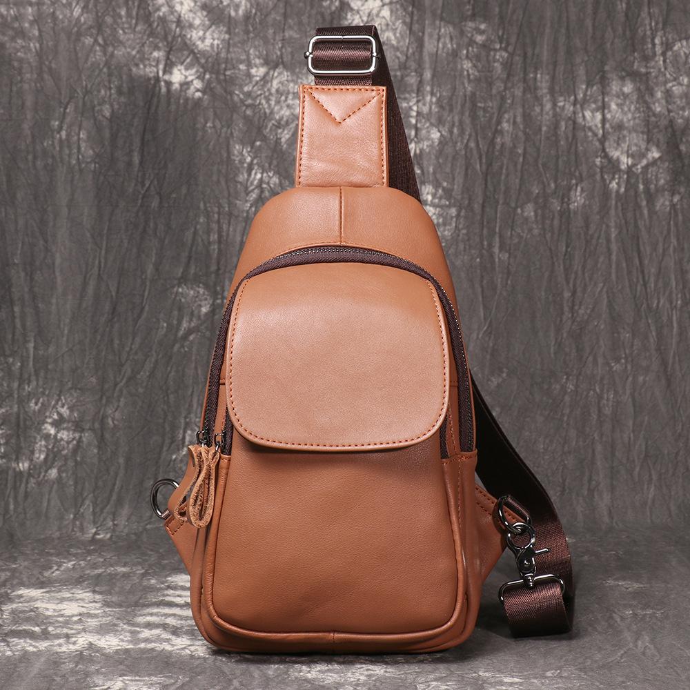 Men S Leather Breast Bag First Layer Cowhide Outdoor Leisure Messenger Backpack Multi-Functional Shoulder Small Backpack