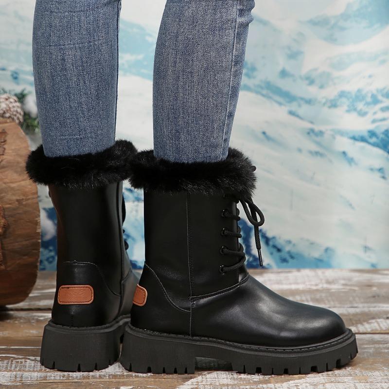 Pantofi Mărimi Mari 2024 pentru Femei Cizme de Damă Până la Mijlocul Gambei Cizme Moderne Călduroase Femei Cu Șireturi În Față Vârf Rotund Pantofi cu Toc Mediu Femei