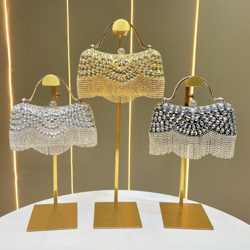 Rhinestone Tassel Evening Clutch with Metal Handle, Sparkly Party Handbag for Women