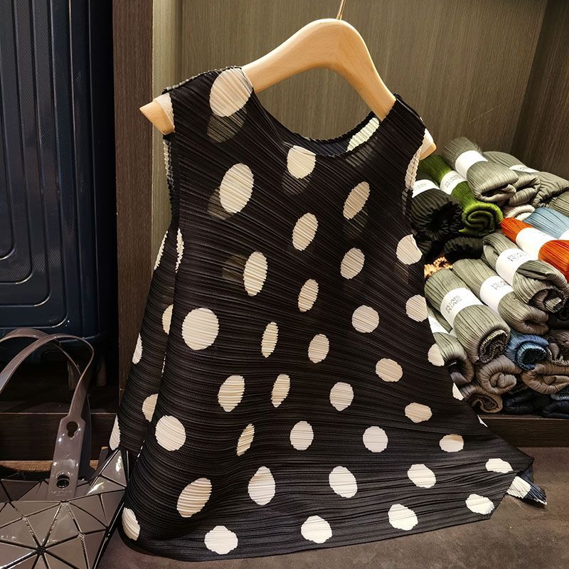 Women Romantic Polka Dot Sleeveless Pleated Loose Irregular Casual Vest Top Onesize