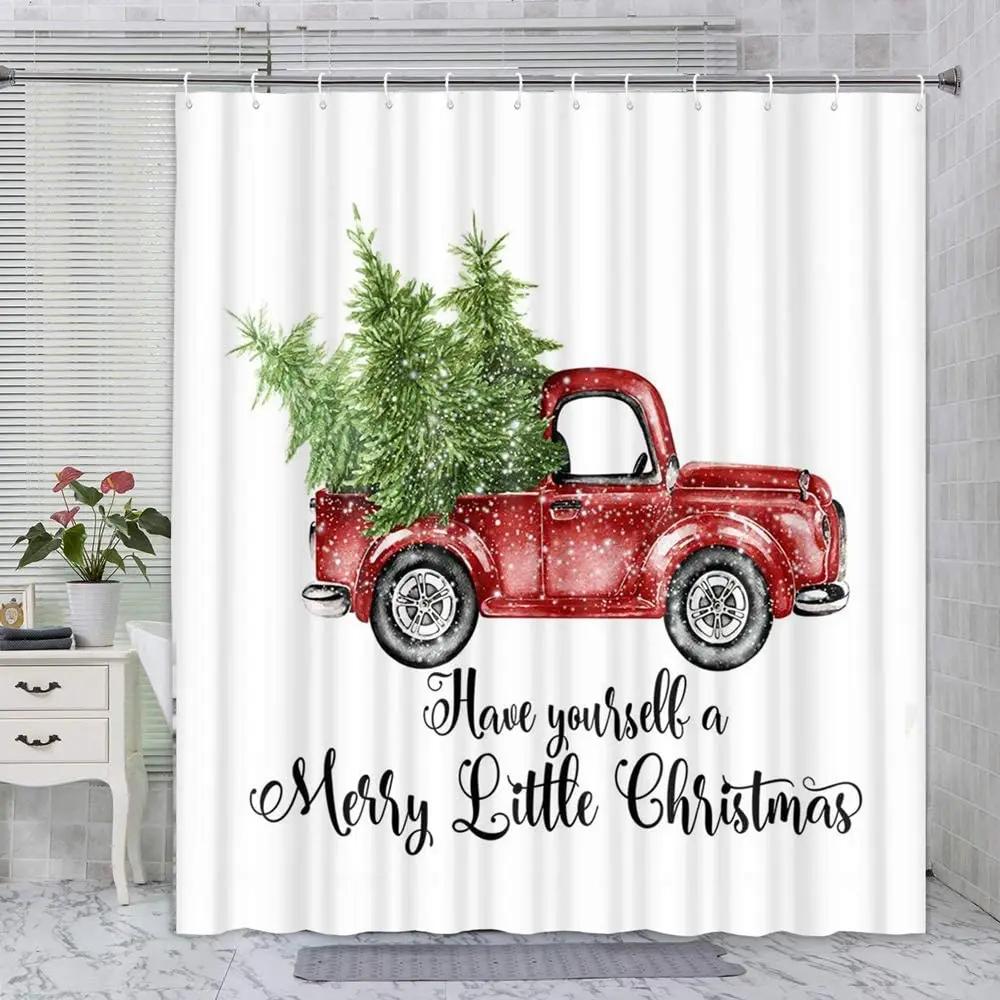 Christmas Truck Shower Curtain Vintage Xmas Car With Snowy Pine Fir Tree New Year Bathroom Accessories Holiday Bath Curtains Set
