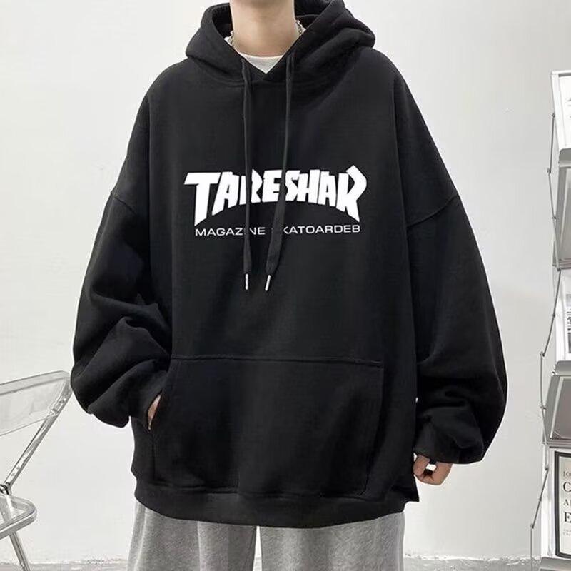 Мужской свитер с капюшоном, повседневный свободный модный топ с буквенным принтом, универсальное пальто M чёрный