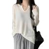 Autumn v-neck solid color knitted sweater long-sleeved t-shirt women's loose and thin sweater casual style sweet and versatile