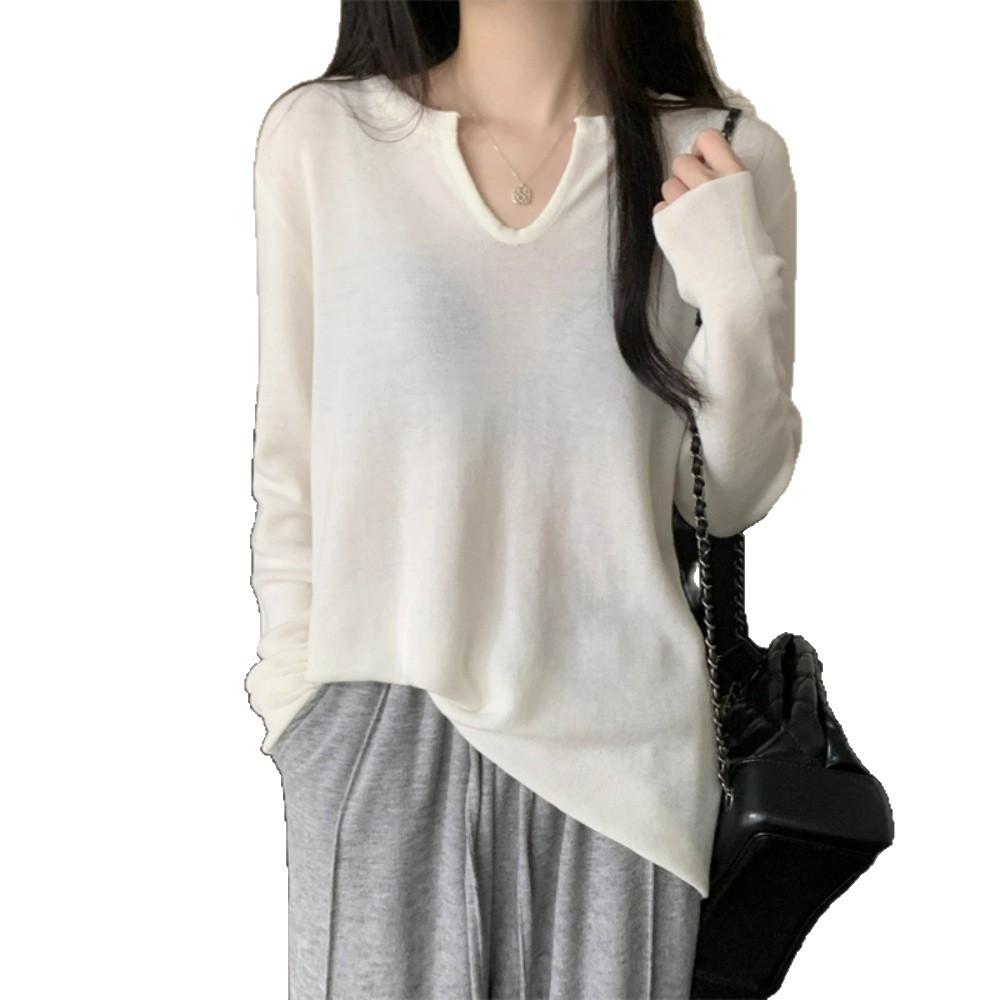 Autumn v-neck solid color knitted sweater long-sleeved t-shirt women's loose and thin sweater casual style sweet and versatile