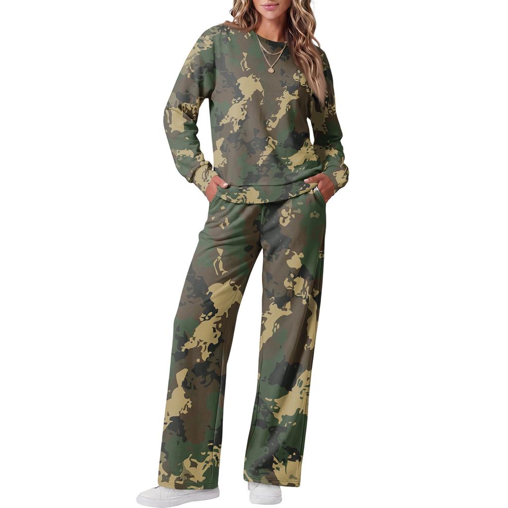 Women's Casual Round Neck Loose Fit Printed Sweatshirt and Pants Set for Everyday Wear