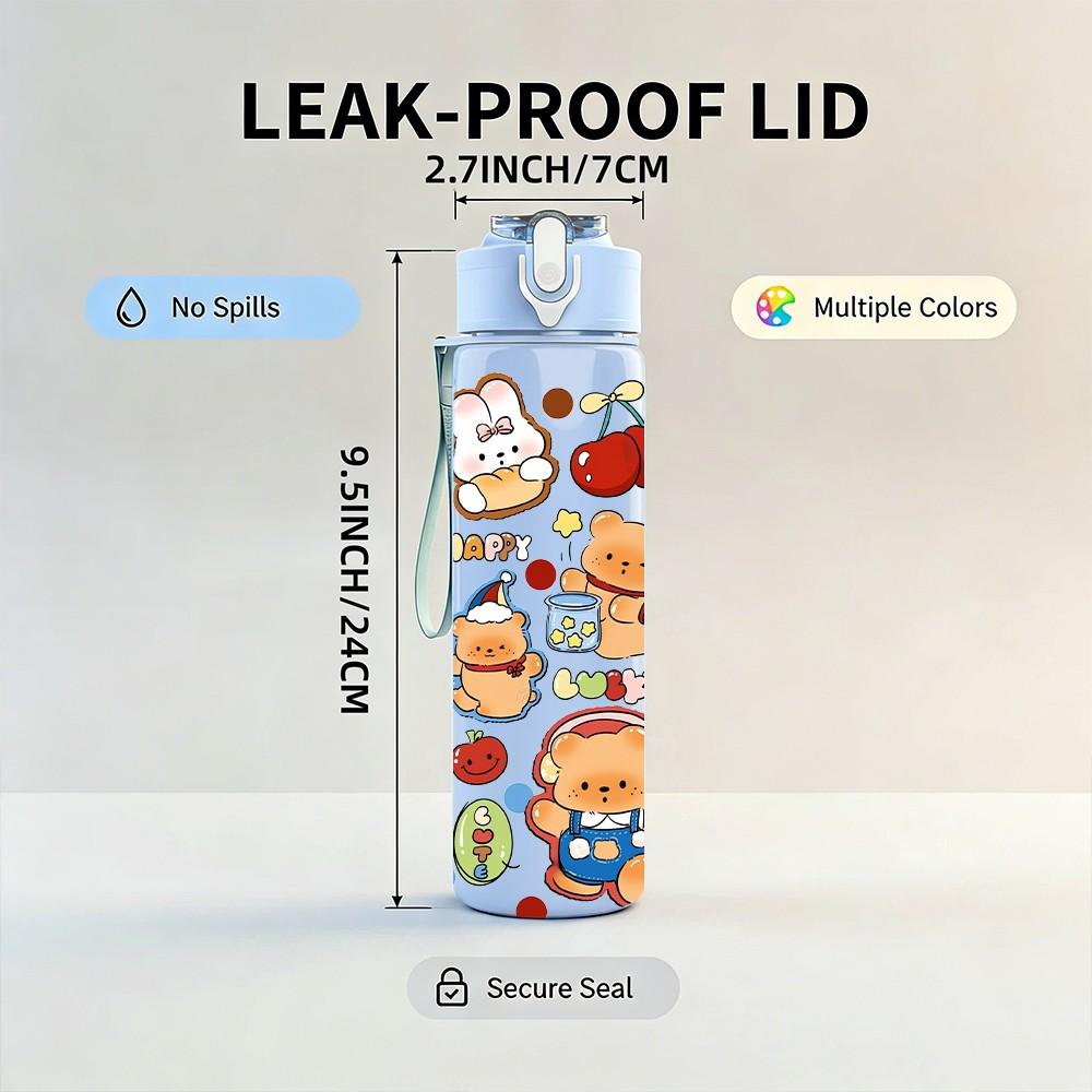 1PC Multi Character Bear Collage Print 750ml Color Plastic Sports Water Bottle Leakproof Flip Straw Lid Suitable for Sports Office Home Use